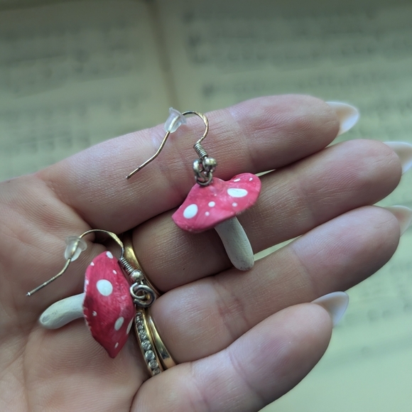 Pink and White Mushroom Earrings - Picture 12 of 13